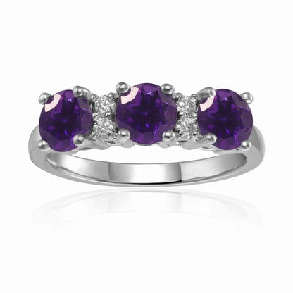 1.7 Ct Round Purple Amethyst Prong Silver Three Stone Ring
