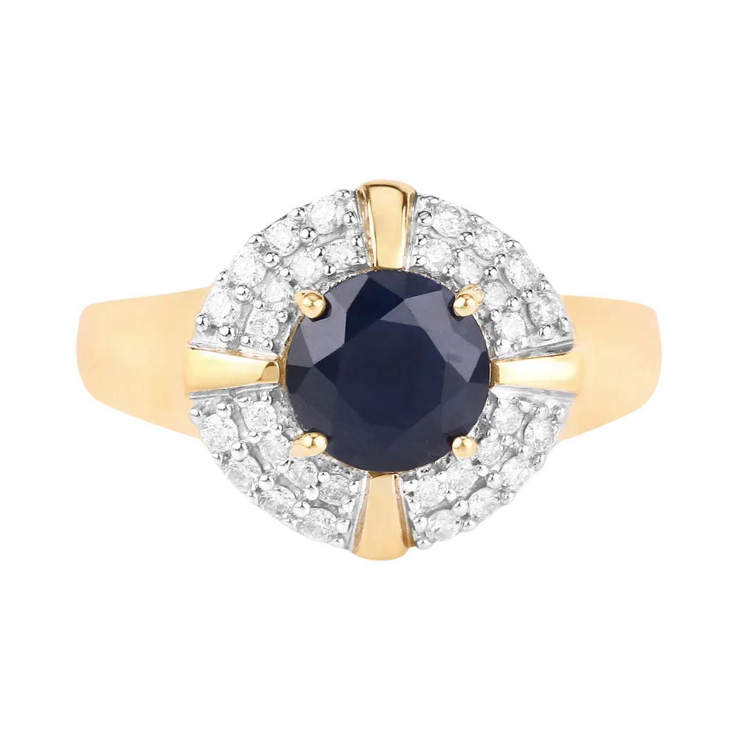 1.48 Ct Round Blue Sapphire Diamond Prong 10k Gold Halo Statement Ring