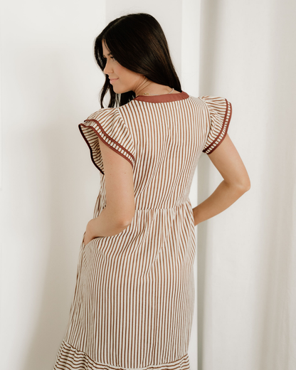 Nyla Double Ruffled Short Sleeve Contrast Trim V Neck Midi Dress - Brown