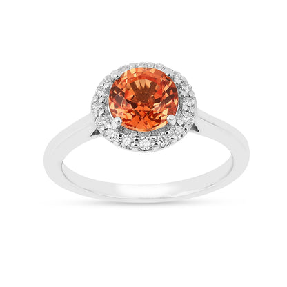 1.33 Ct Round Lab Created Peach Sapphire and Moissanite Prong Silver Halo Statement Ring