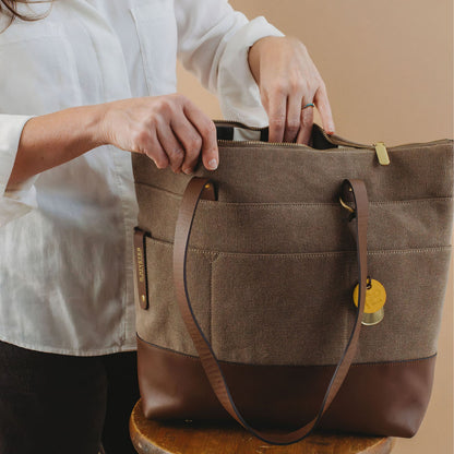 Harriet Tote Bag | Chocolate Washed Canvas + Brown Leather