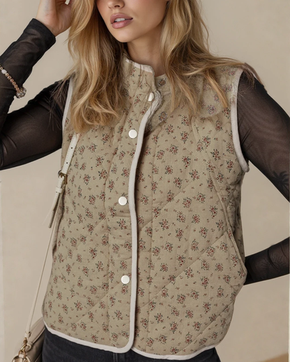 Sloane Floral Print Quilted Concealed Button Vest