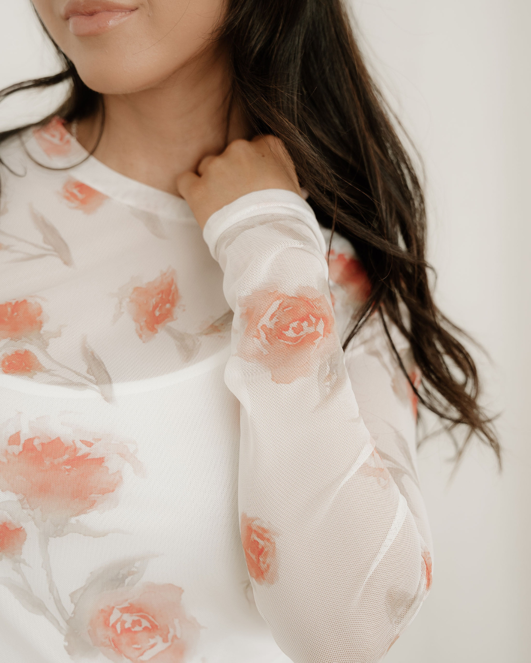 Malani Neck Floral Print Mesh Long Sleeve Top