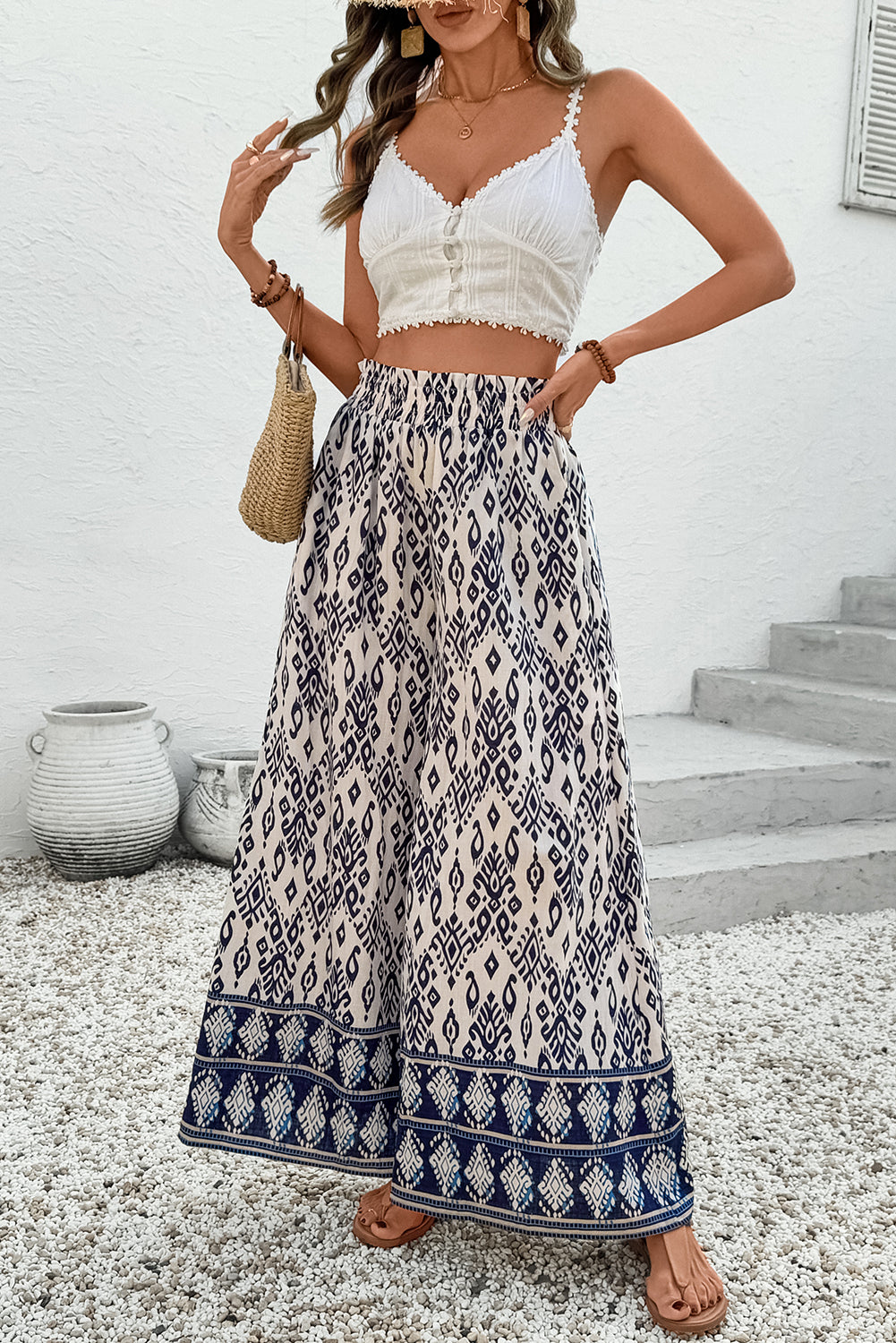 Threaded Pear Giovanna Boho Pattern High Waist Wide Leg Loose Pants