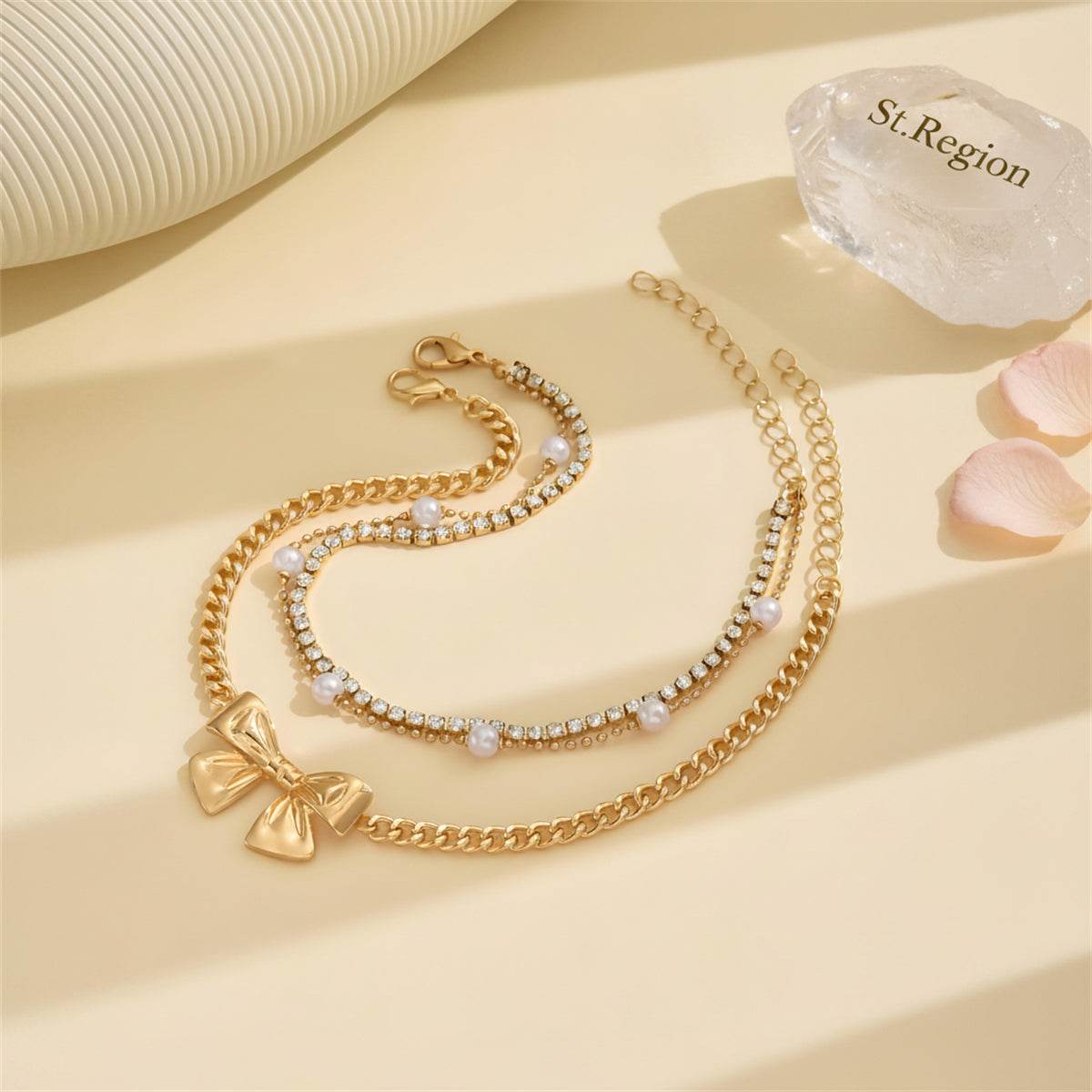 Pearl & Cubic Zirconia Goldtone Bow Charm Layered Anklet Set