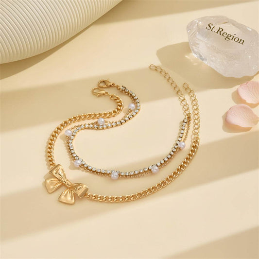 Pearl & Cubic Zirconia Goldtone Bow Charm Layered Anklet Set