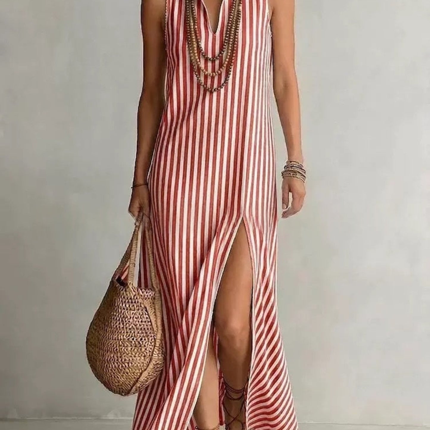 Striped Stand Collar Side-Slit Sleeveless Maxi Dress – A-Line Cami