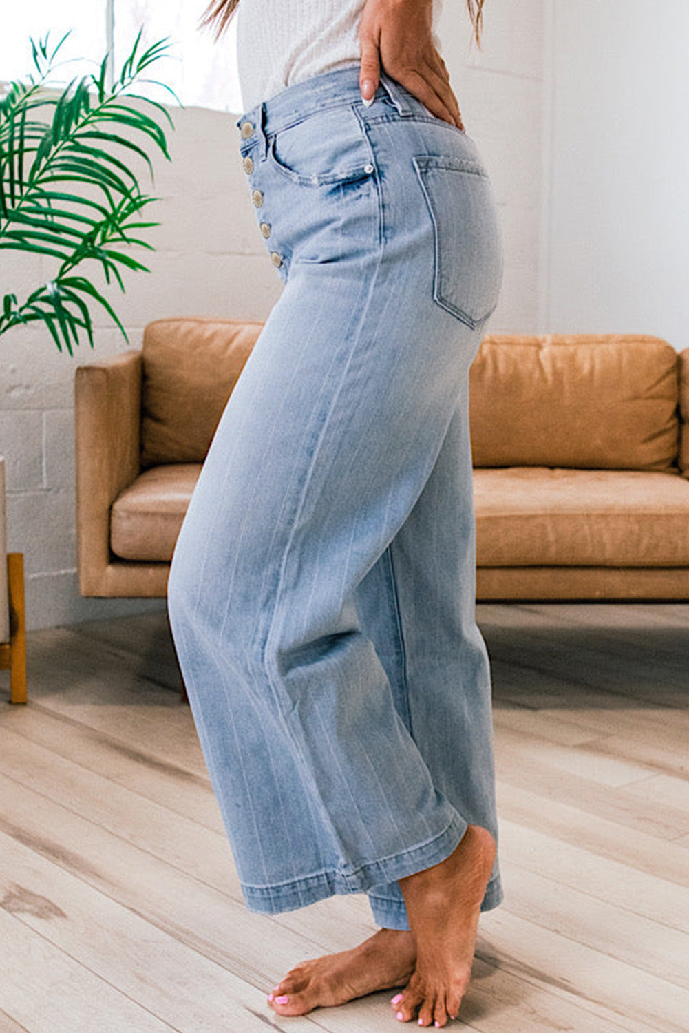 Beau Blue Multi Buttons Wide Leg Jeans