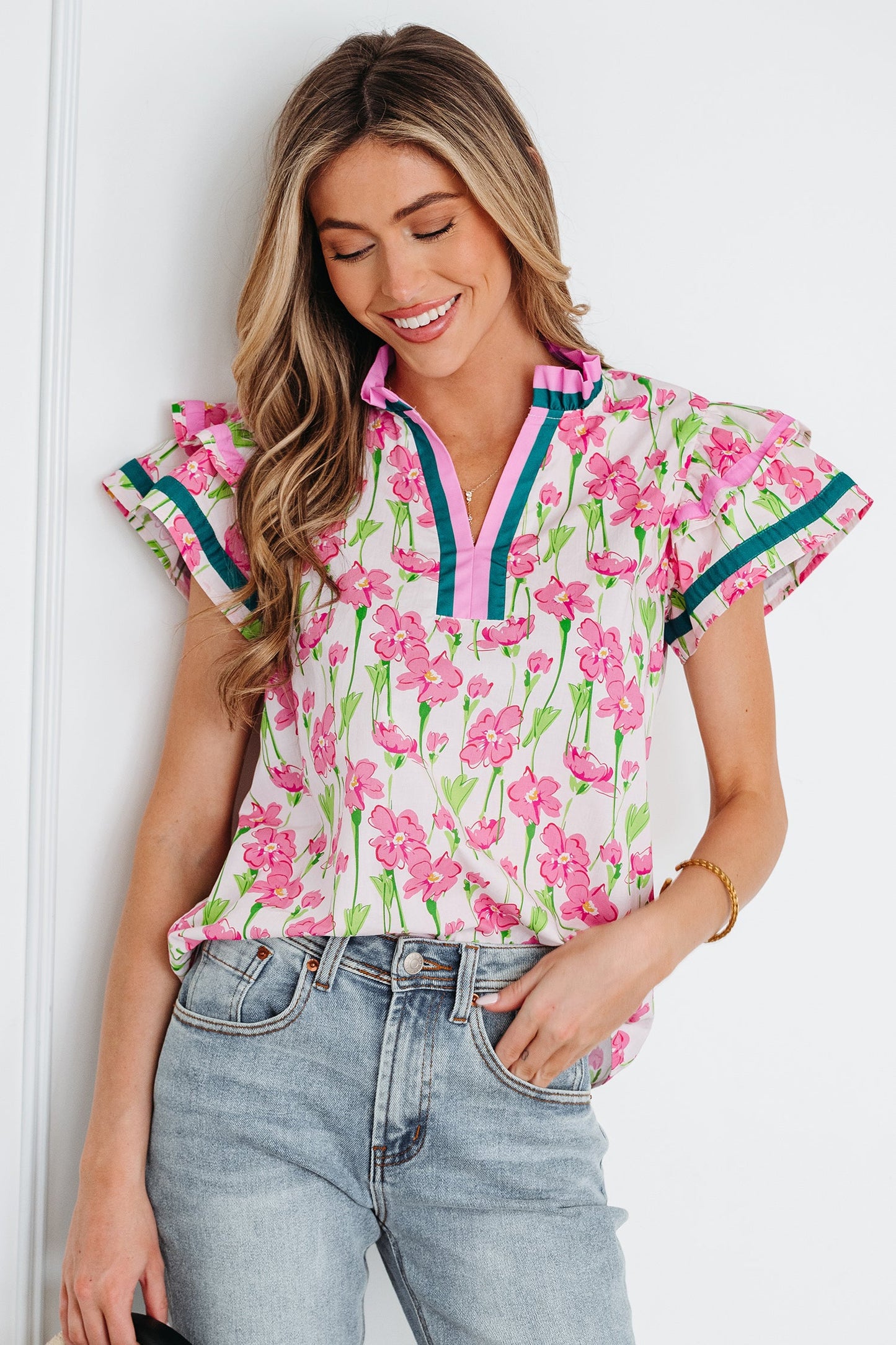 Threaded Pear Elyse Ruffled Short Sleeve Blouse
