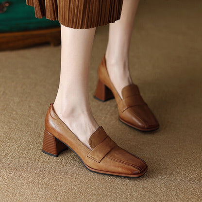 Women's Sheepskin Square Toe Chunky Heel Pumps – Retro High Heel Dress Shoes
