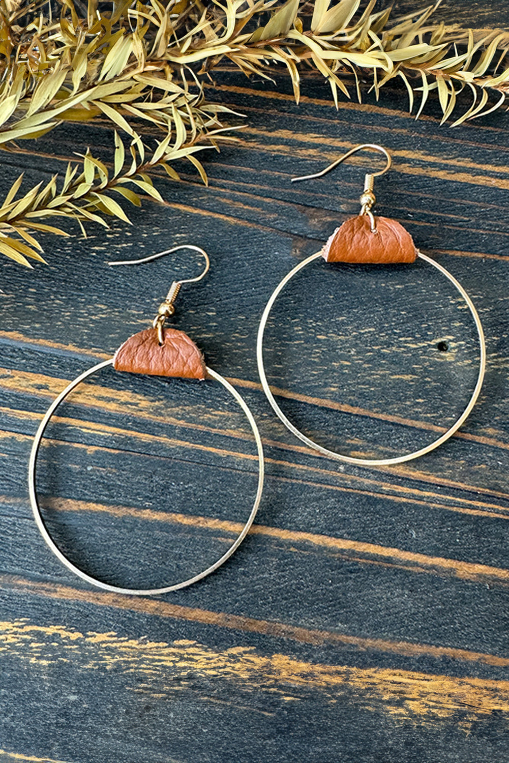 Threaded Pear Gold Leather Hoop Earrings