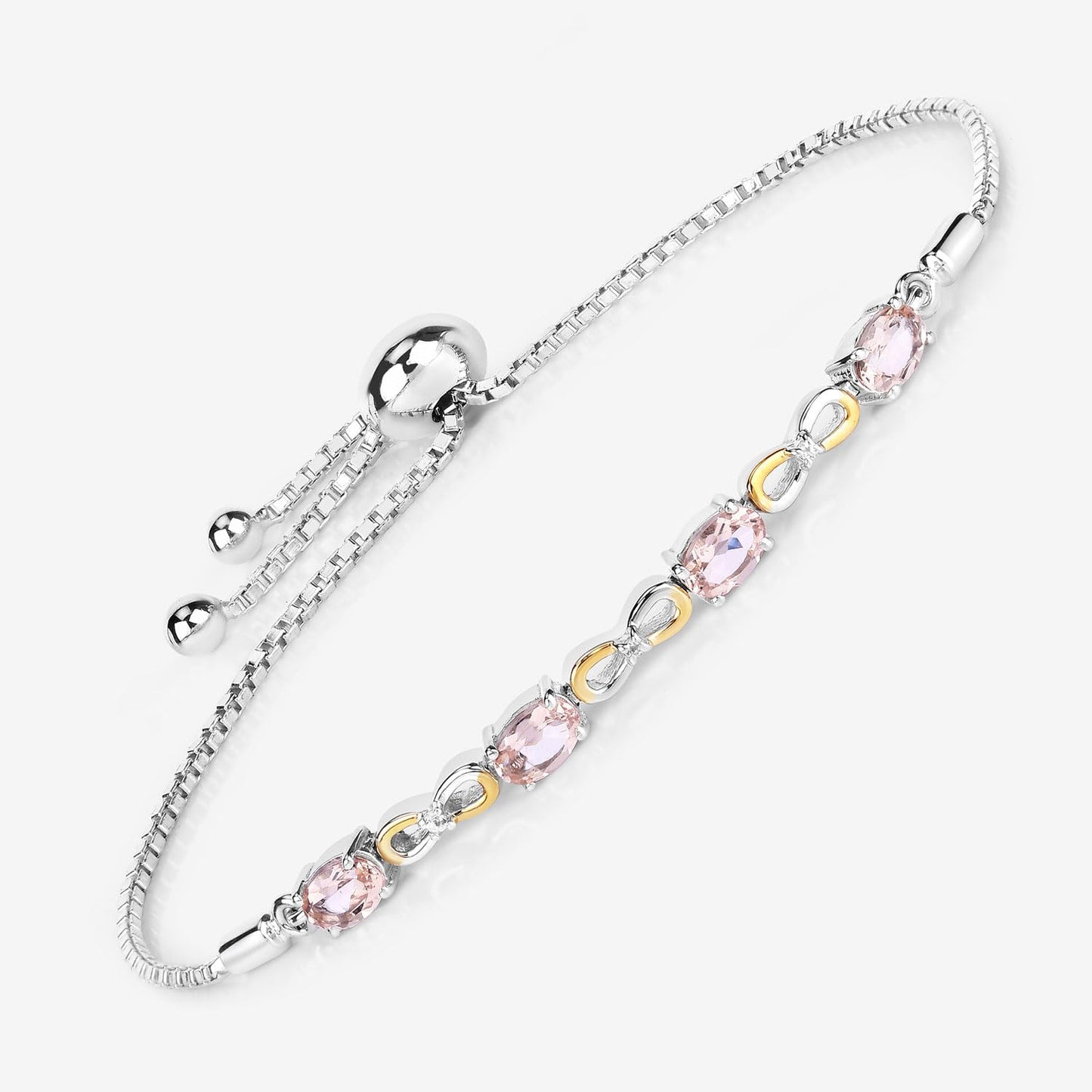Oval Pink Morganite Prong Silver Infinity Bolo Adjustable Bracelet