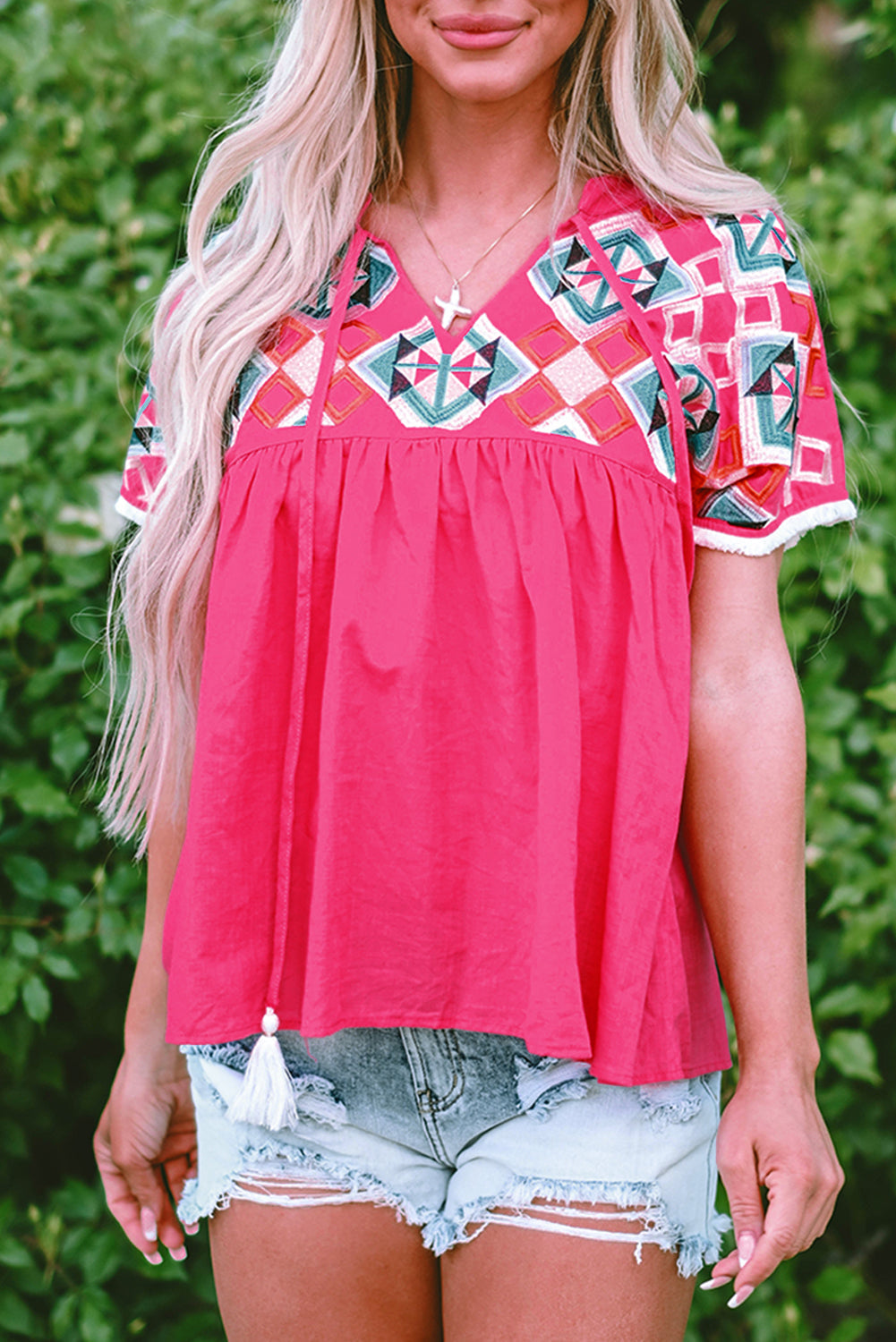 Threaded Pear Zayla Embroidered Tassel Tie V Neck Blouse