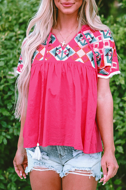 Threaded Pear Zayla Embroidered Tassel Tie V Neck Blouse