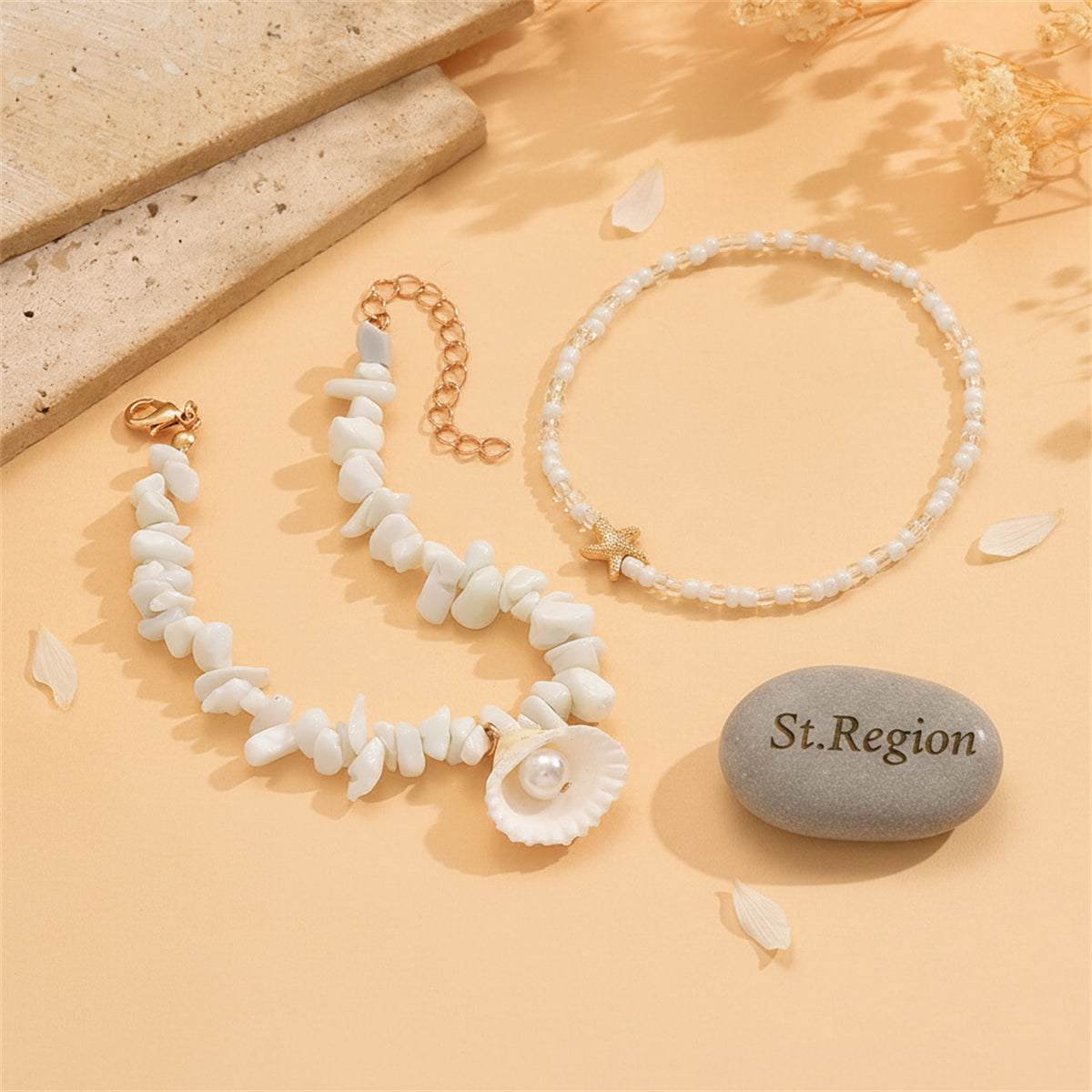 White Turqouise & Howlite Pearl Goldtone Shell Charm Anklet Set