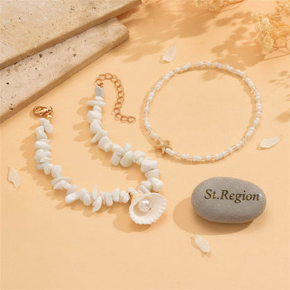 White Turqouise & Howlite Pearl Goldtone Shell Charm Anklet Set
