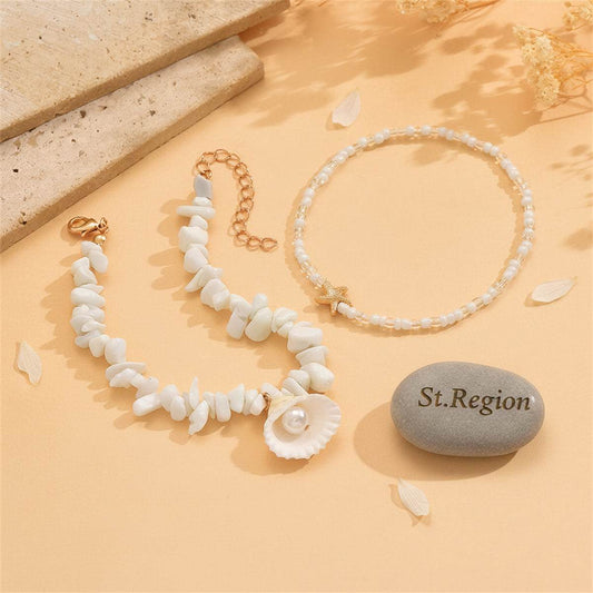 White Turqouise & Howlite Pearl Goldtone Shell Charm Anklet Set