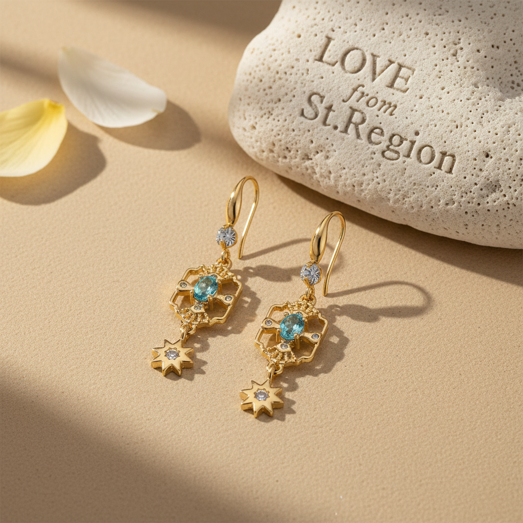Sea Blue Crystal & Cubic Zirconia Goldtone Scalloped Edge Starburst Hook Earrings