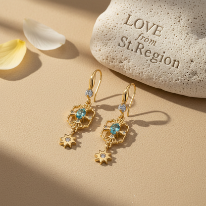 Sea Blue Crystal & Cubic Zirconia Goldtone Scalloped Edge Starburst Hook Earrings