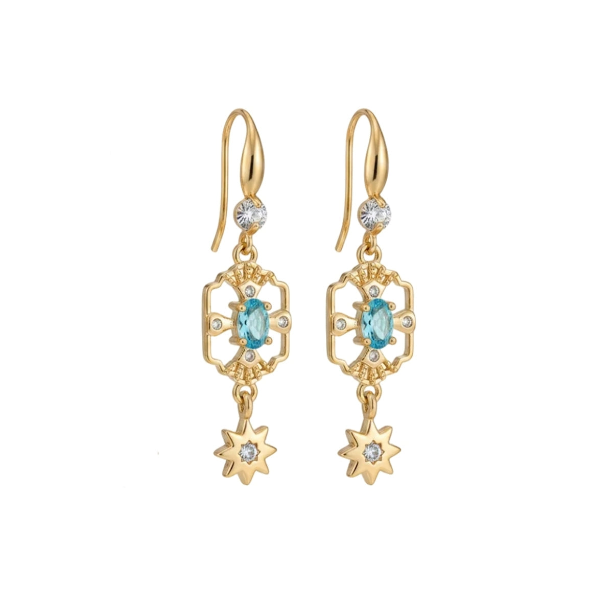 Sea Blue Crystal & Cubic Zirconia Goldtone Scalloped Edge Starburst Hook Earrings