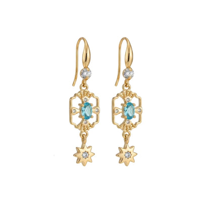 Sea Blue Crystal & Cubic Zirconia Goldtone Scalloped Edge Starburst Hook Earrings