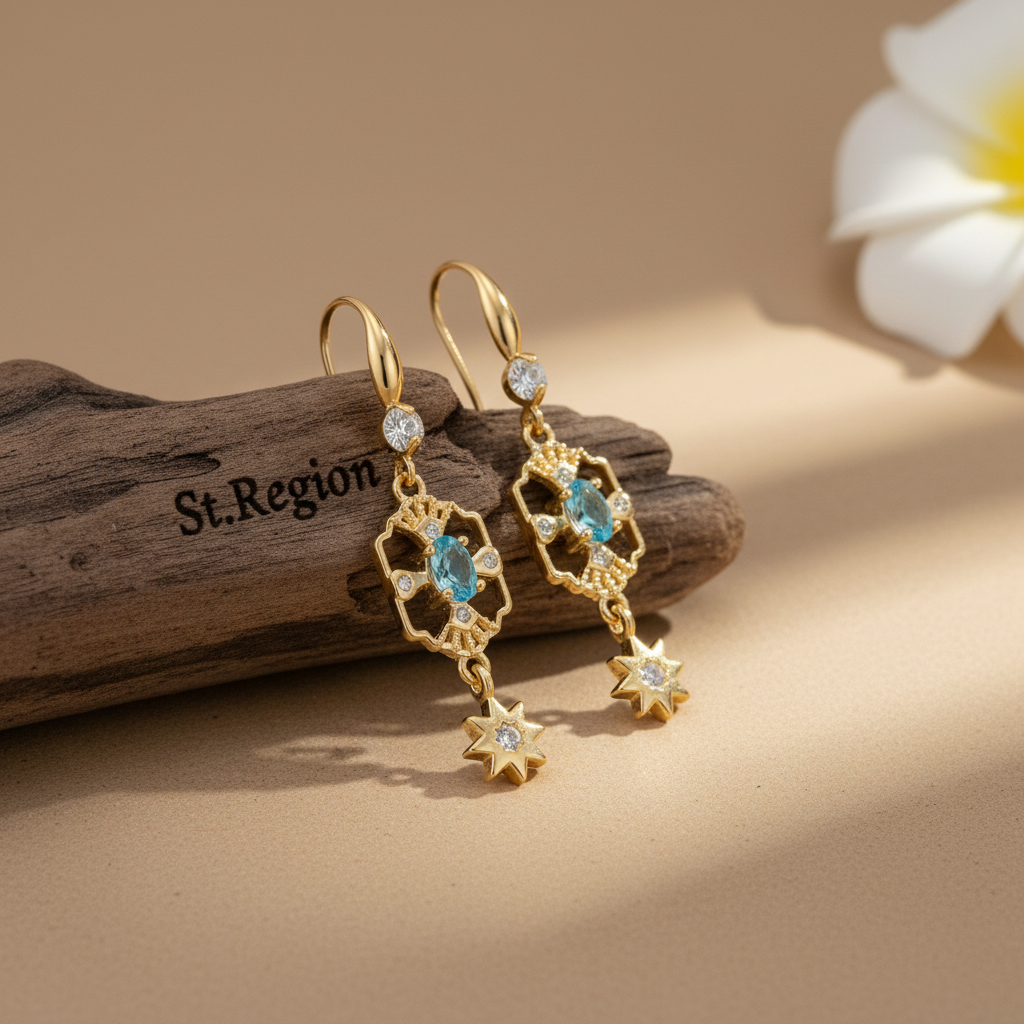 Sea Blue Crystal & Cubic Zirconia Goldtone Scalloped Edge Starburst Hook Earrings