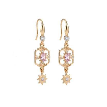Pink Crystal & Cubic Zirconia Goldtone Scalloped Edge Starburst Hook Earrings