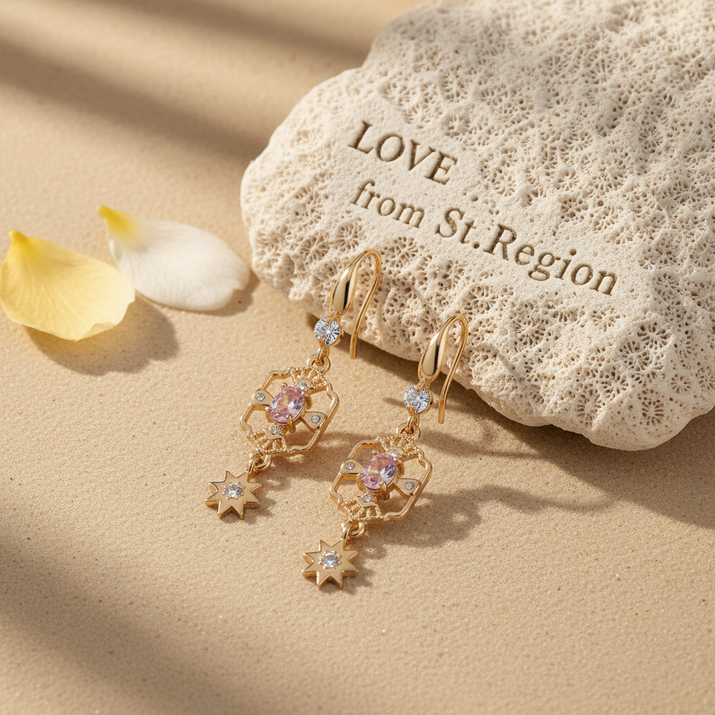 Pink Crystal & Cubic Zirconia Goldtone Scalloped Edge Starburst Hook Earrings