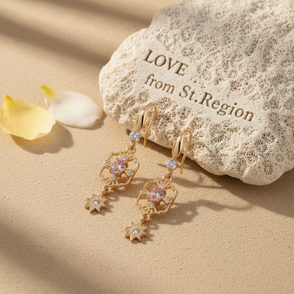 Pink Crystal & Cubic Zirconia Goldtone Scalloped Edge Starburst Hook Earrings