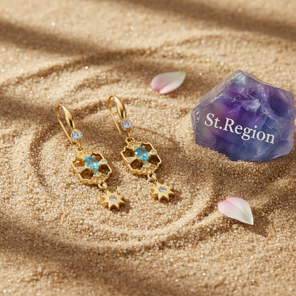 Sea Blue Crystal & Cubic Zirconia Goldtone Scalloped Edge Starburst Hook Earrings