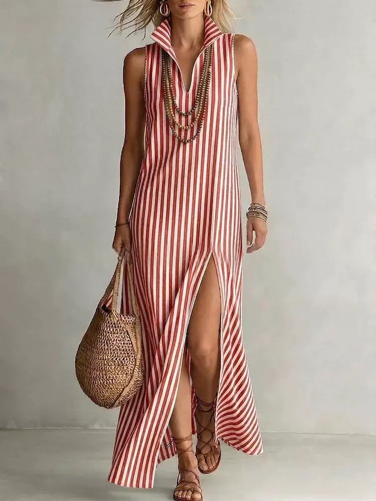 Striped Stand Collar Side-Slit Sleeveless Maxi Dress A-Line Cami Blue / L Striped Stand Collar Side-Slit Sleeveless Maxi Dress A-Line Cami Blue / L