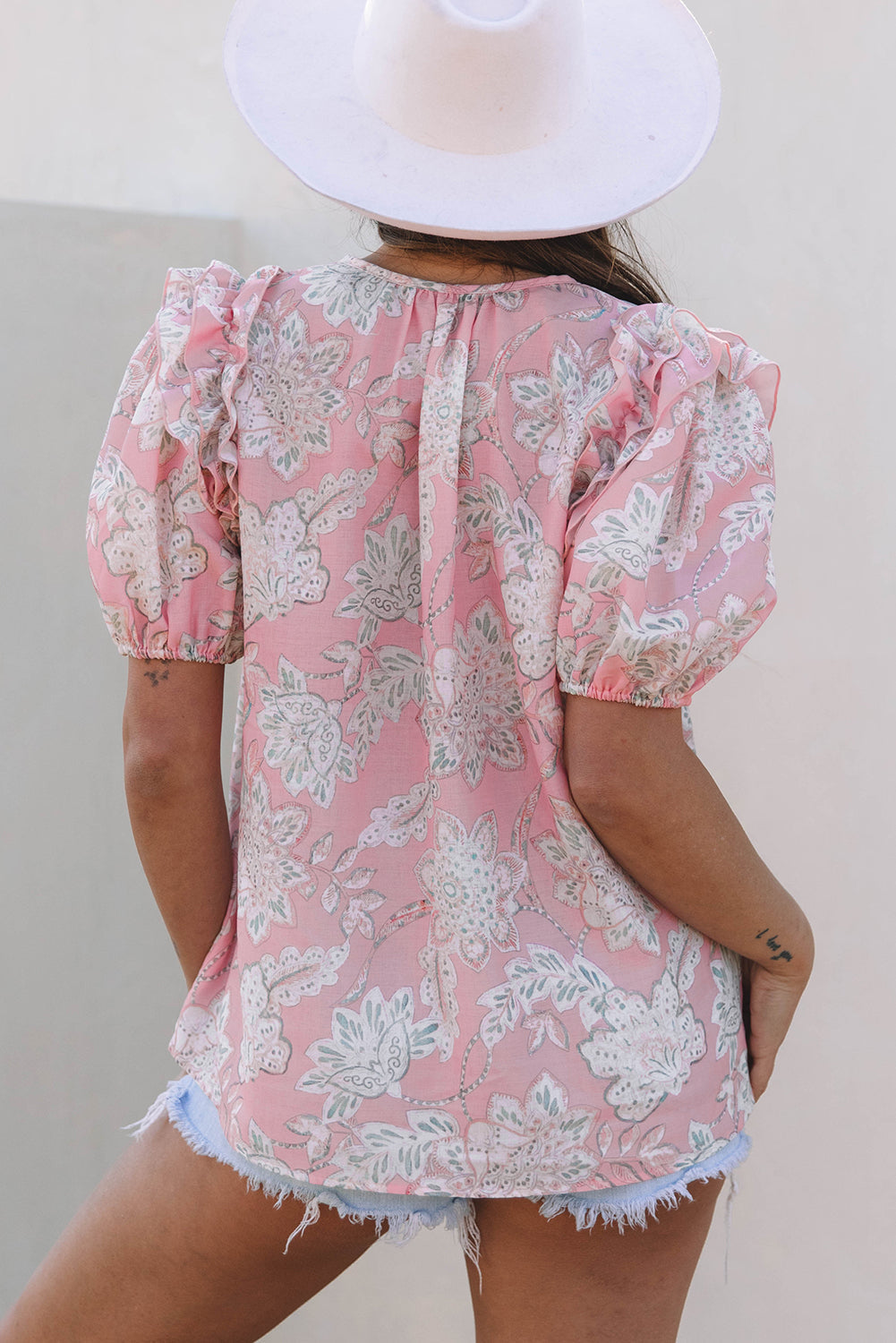 Threaded Pear Cattleya Floral Drawstring V Neck Puff Sleeve Loose Blouse