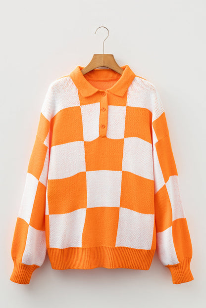 V Neck Checkered Sweater - Tangerine
