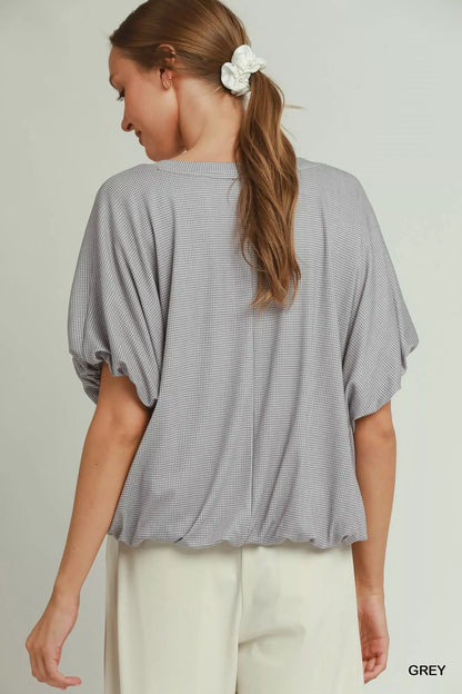 Umgee Mini Texture Checkered Bubble Hem Top in Grey