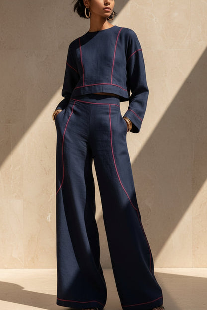 Women's Cropped Long-Sleeve Top & Ultra-Wide Palazzo Pants Set