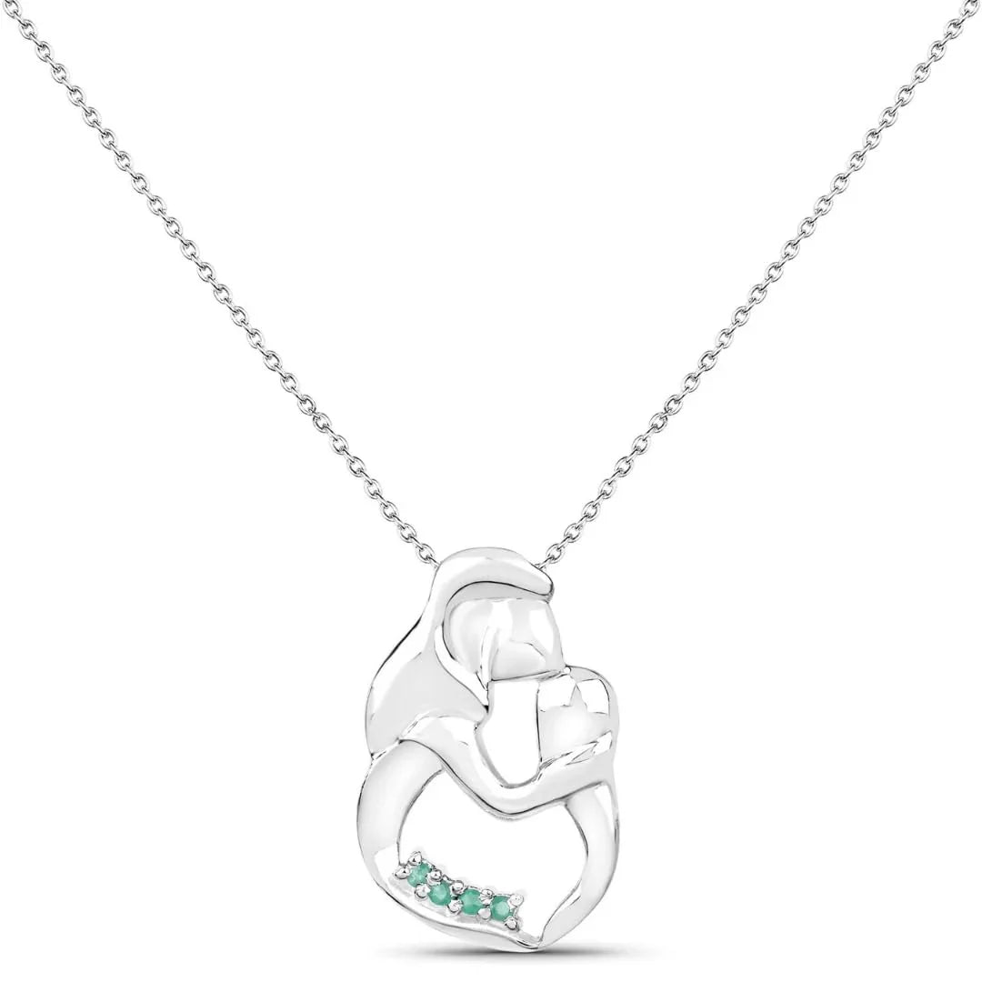 Round Green Emerald Prong Silver Mom Pendant Necklace