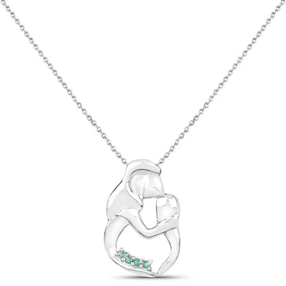 Round Green Emerald Prong Silver Mom Pendant Necklace