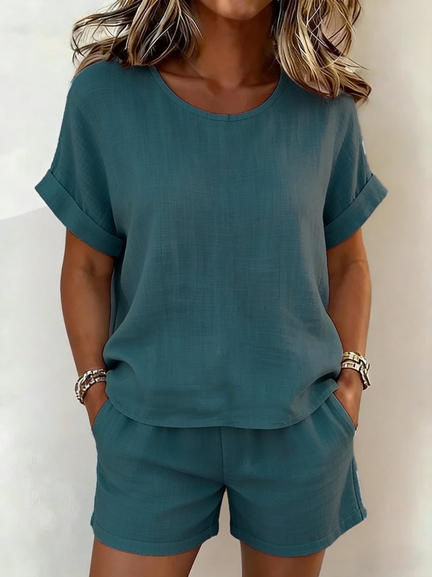 Women's Relaxed Cotton-Linen Cuffed Sleeve Top & Shorts Two-Piece Set