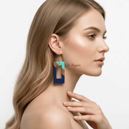 Mint Green & Navy Resin Wood Silvertone Color-Block Open Rectangle Hook Earrings
