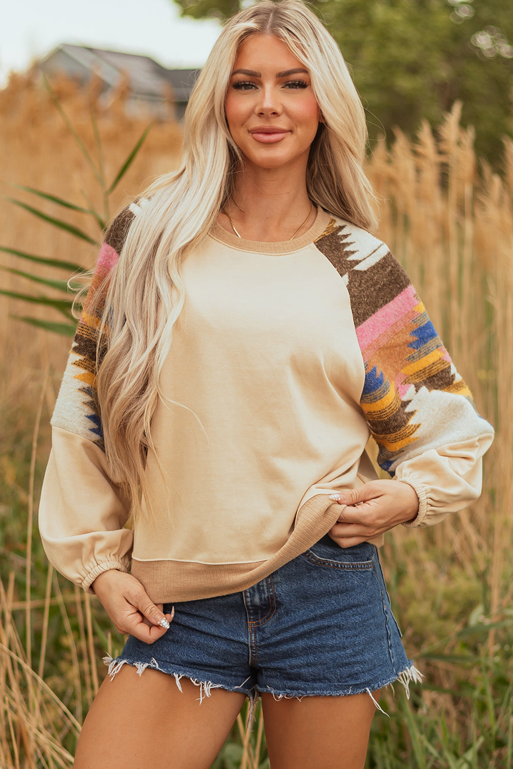 Threaded Pear Logan Aztec Patchwork Raglan Pullover Sweatshirt