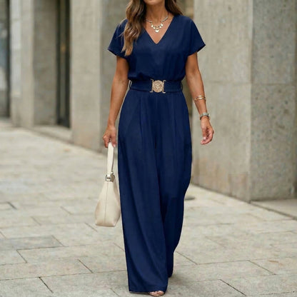 Women's V-Neck Belted Wide-Leg Jumpsuit | Elegant Commuter