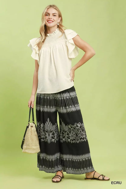 Umgee Smocked Ruffle Sleeve Textured Top