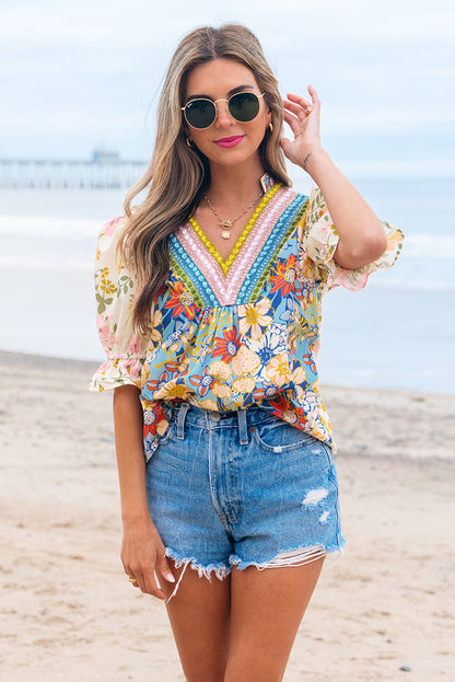 Threaded Pear Gwen Crochet V Neck Boho Floral Blouse