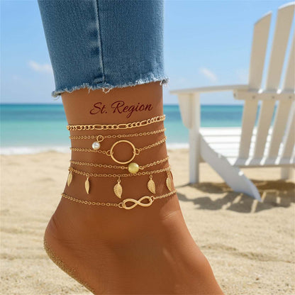 Pearl & Goldtone Textured Leaves Tassel Layered Anklet Set