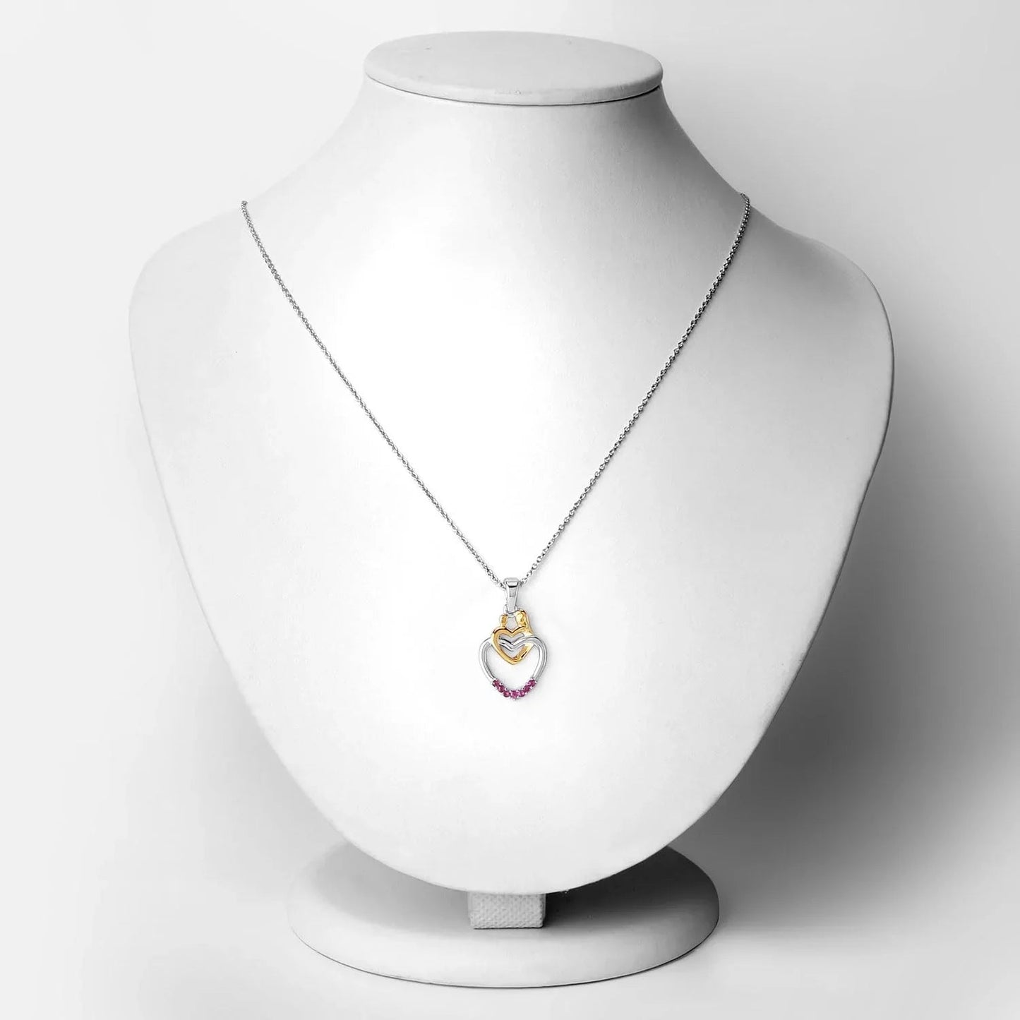 Round Pink Ruby Prong Silver Double Heart Pendant Necklace