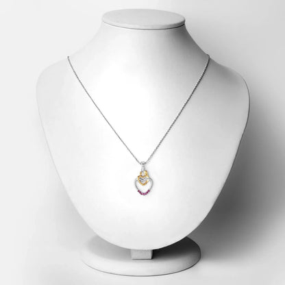 Round Pink Ruby Prong Silver Double Heart Pendant Necklace