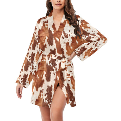 Light Brown Cow Print Women's Long Sleeve Belted Satin Feel Dressing Lounge Robe