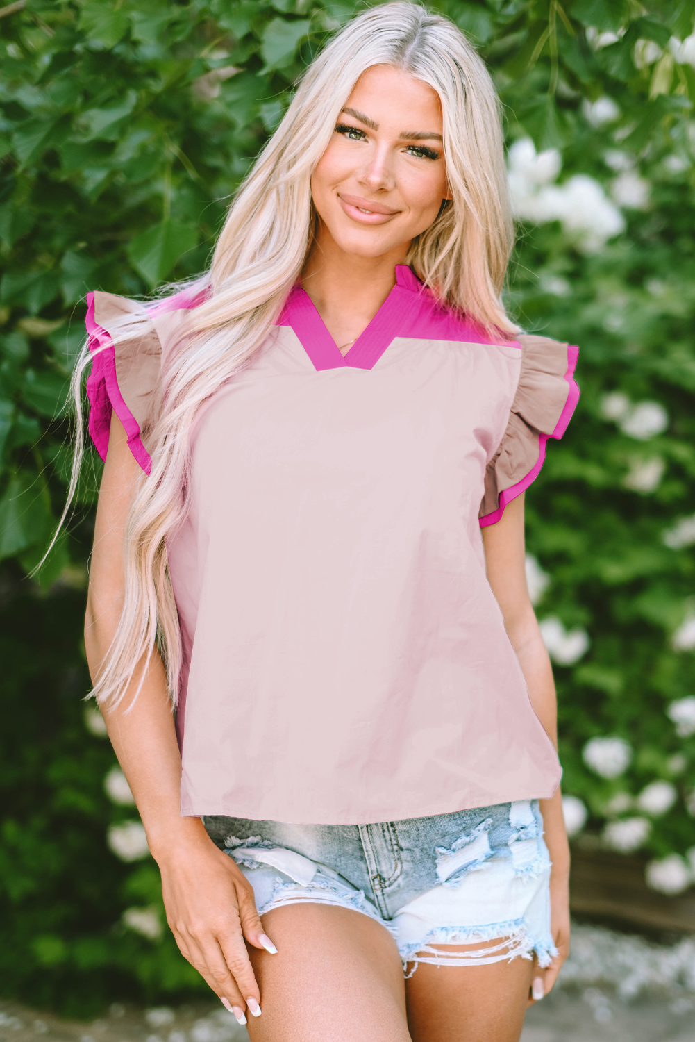 Threaded Pear Maci Ruffled Sleeve Frill V Neck Blouse
