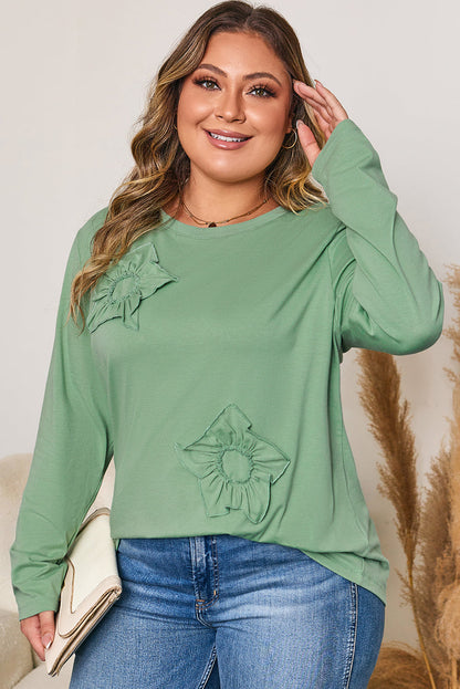 Threaded Pear Grass Green Flower Applique Mineral Wash Plus Size Top