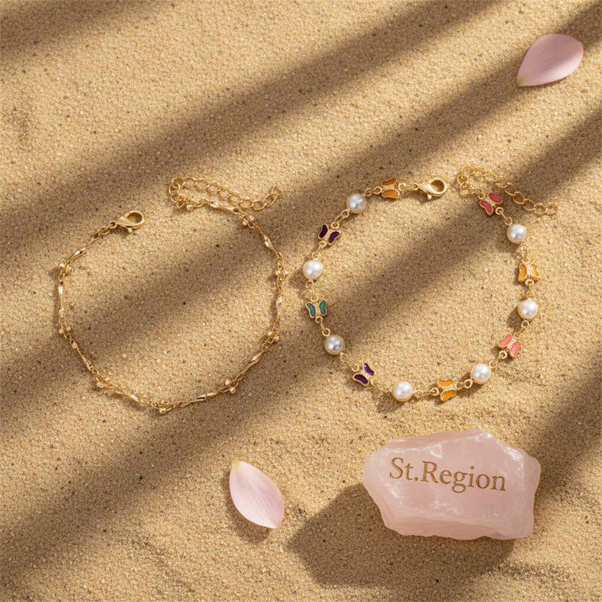 Multi-Colored Crystal & Pearl Goldtone Butterfly Station Anklet Set